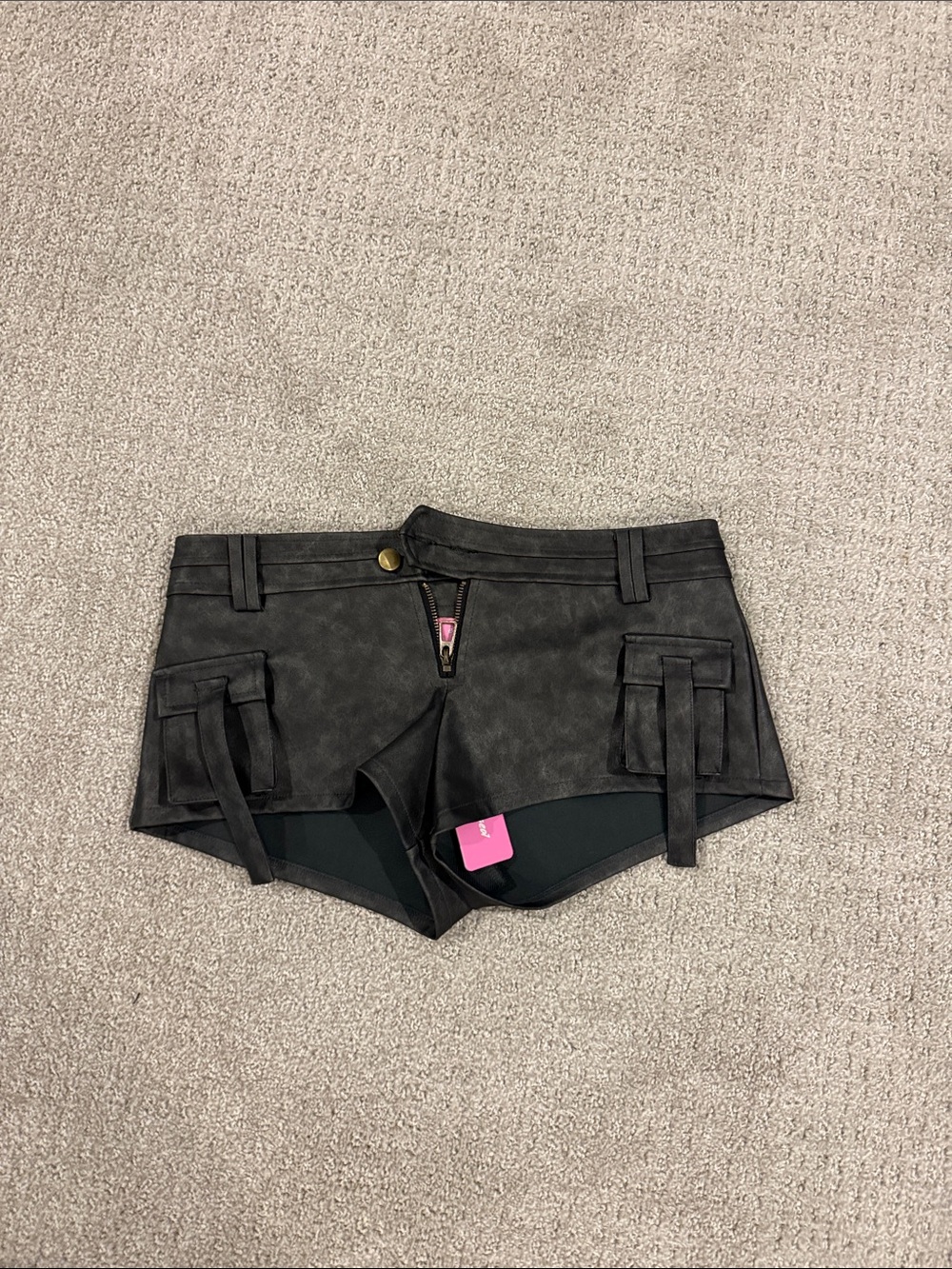 Edikted Charcoal Faux-Suede Cargo Shorts with Strap Pockets